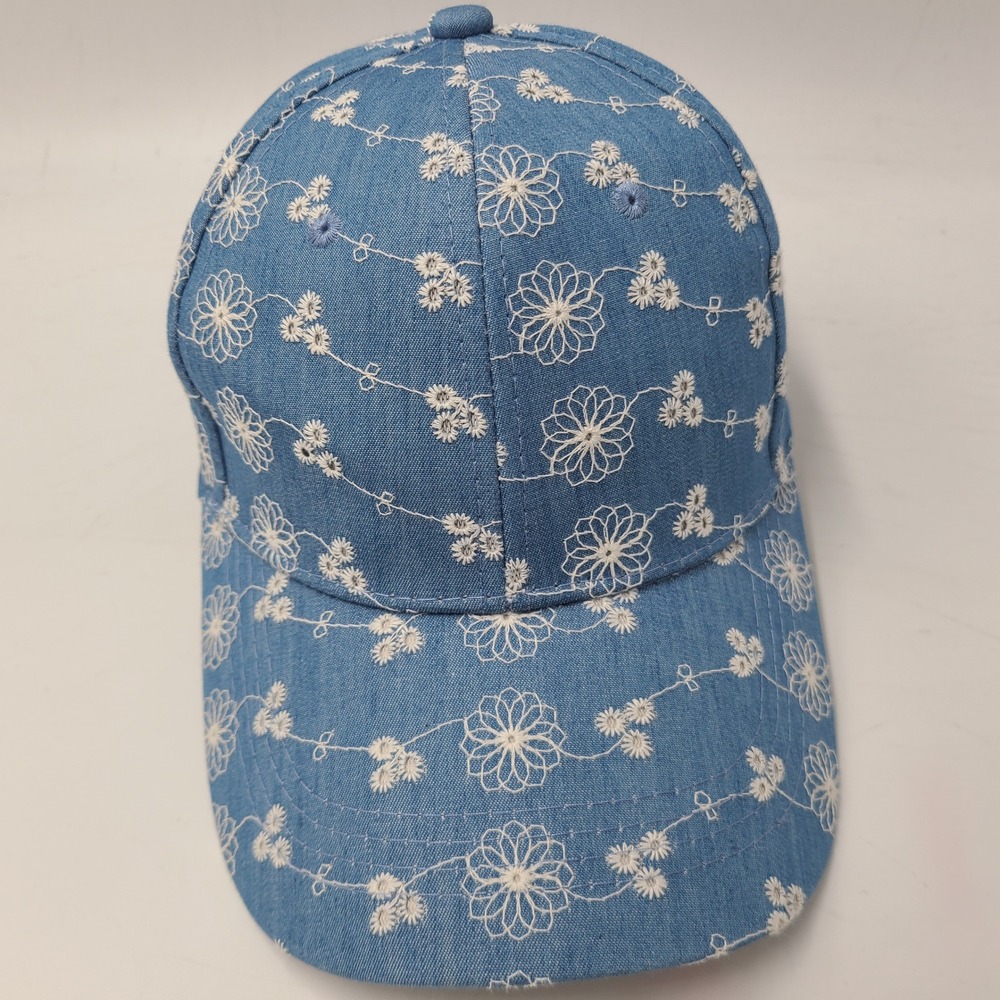 Women Wonderly Hat Adjustable Blue White Floral Embroidered Denim Look Bow Back